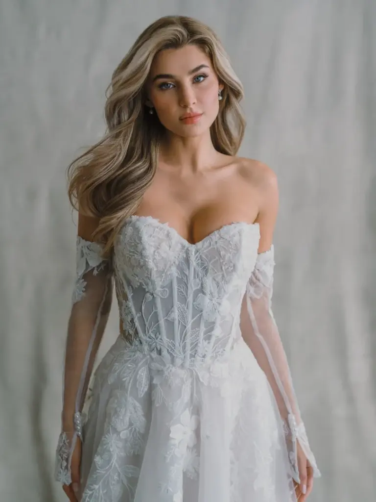 Brautkleid mit Herzausschnitt und schulterfreien langen Spitzenärmeln