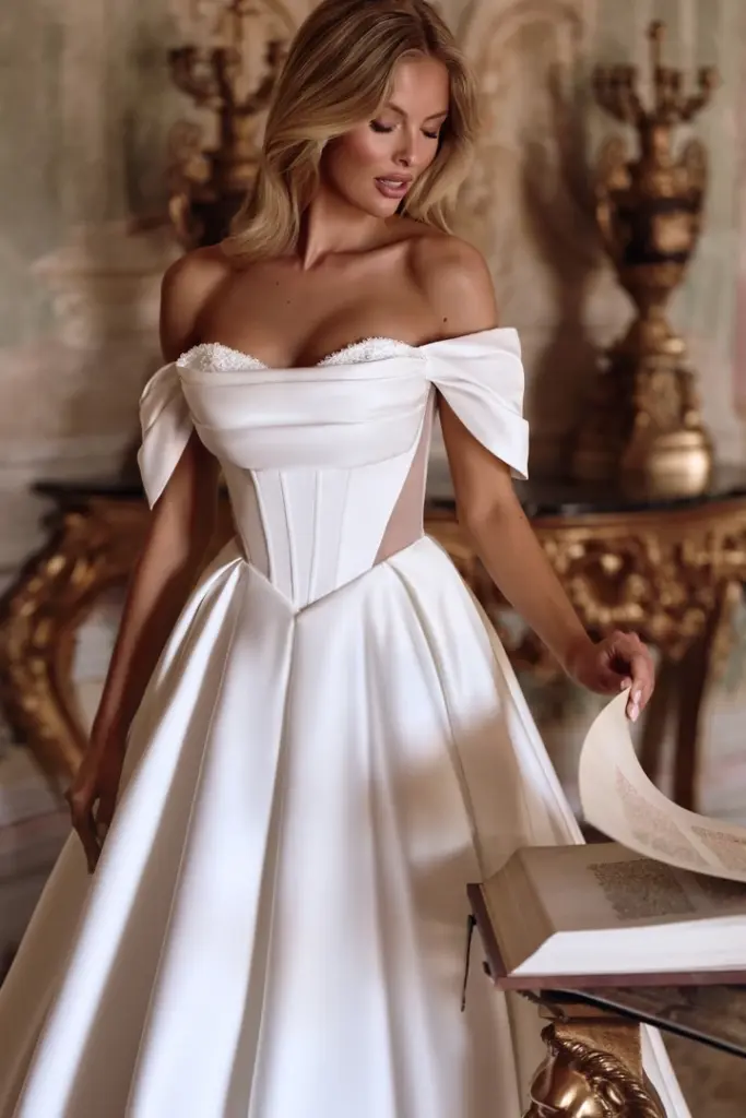 Schulterfreies Brautkleid mit drapiertem Ausschnitt und weitem glattem Rock