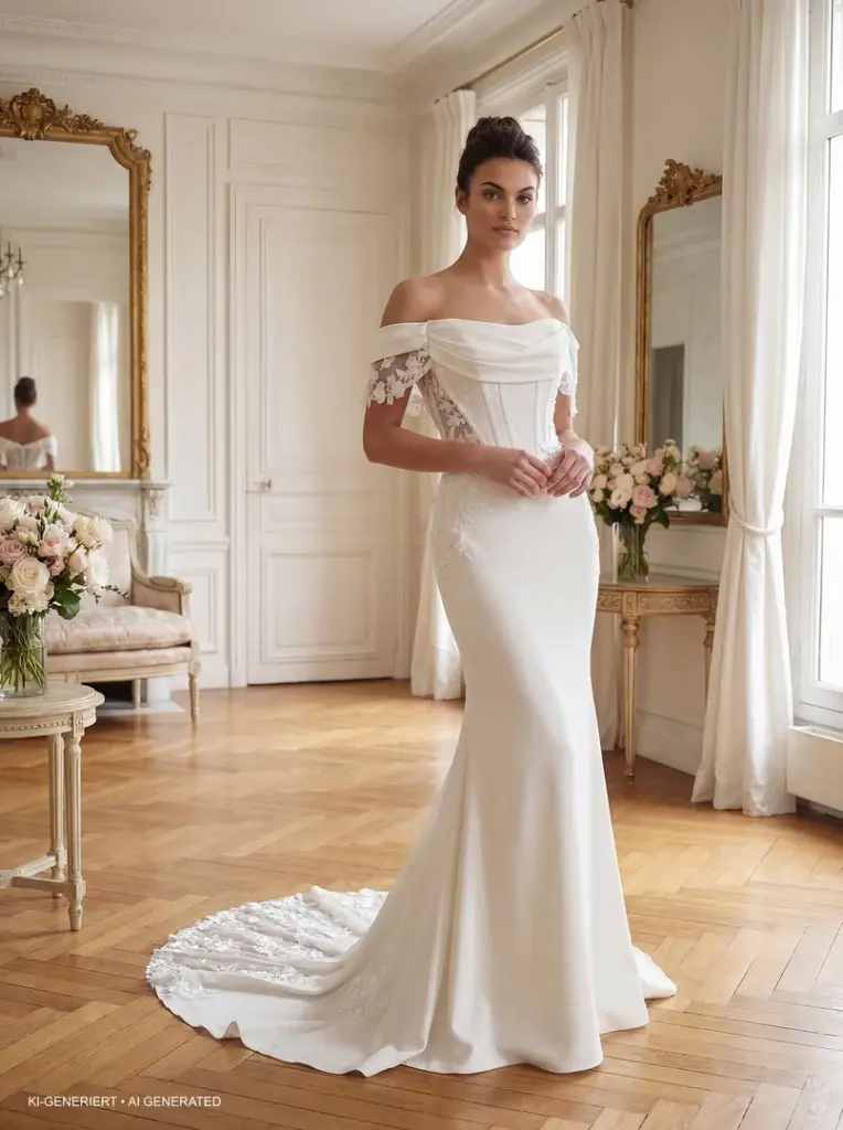 Schmales Brautkleid mit drapiertem Oberteil und schulterfreien Spitzenärmeln