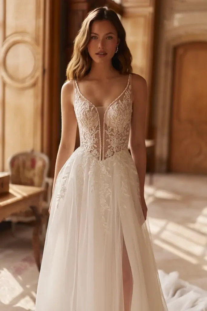 Brautkleid mit Spitzenoberteil, tiefem V-Ausschnitt und fließendem Rock