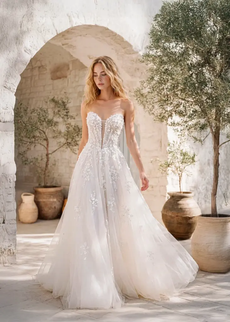 Trägerloses A-Linien-Brautkleid mit floraler Spitze und weitem Tüllrock