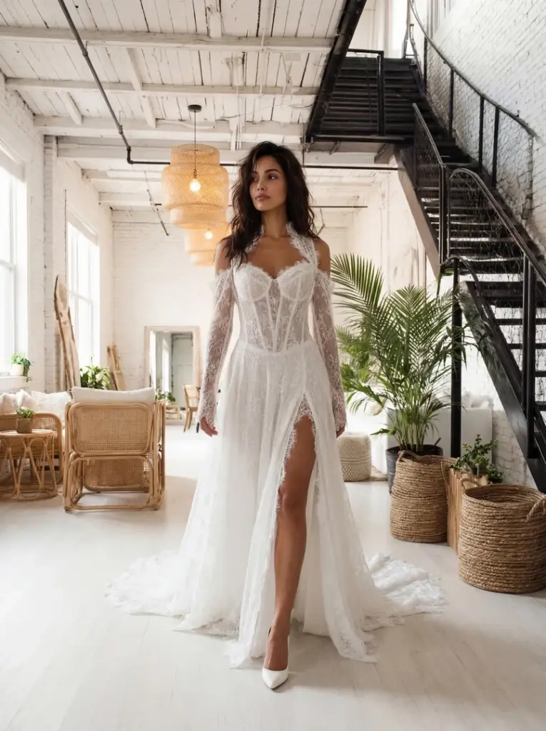 Brautkleid mit Beinschlitz und schulterfreiem Spitzenoberteil mit langen Ärmeln