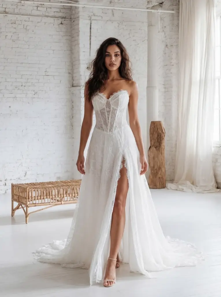 Trägerloses Brautkleid mit strukturierter Corsage, Herzausschnitt und Beinschlitz