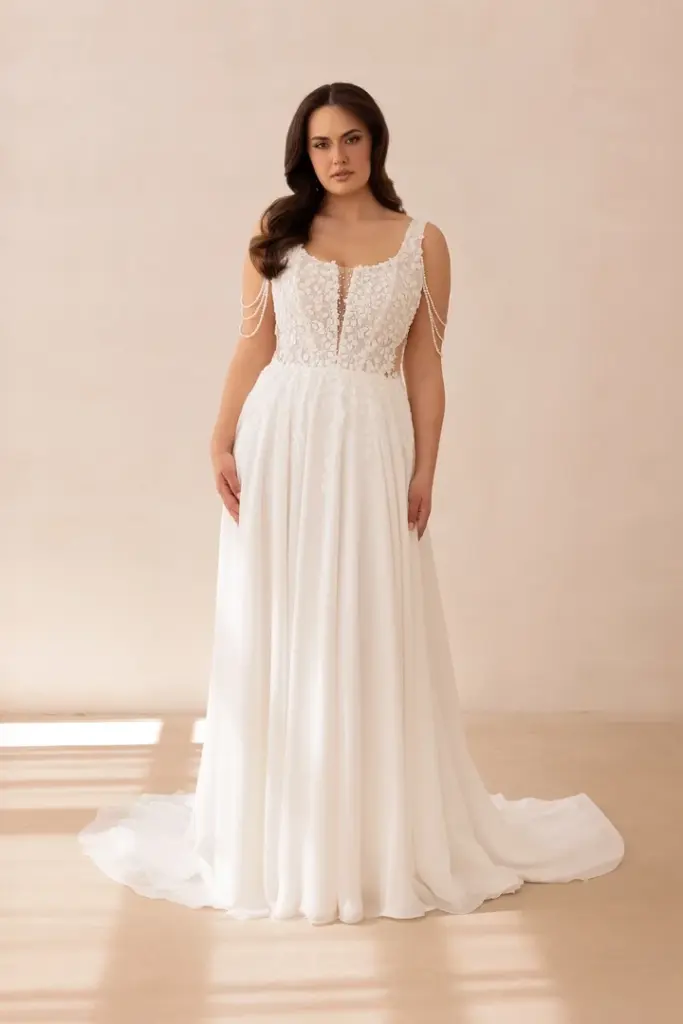 Brautkleid mit breiten Trägern, Spitzenoberteil und glattem Rock