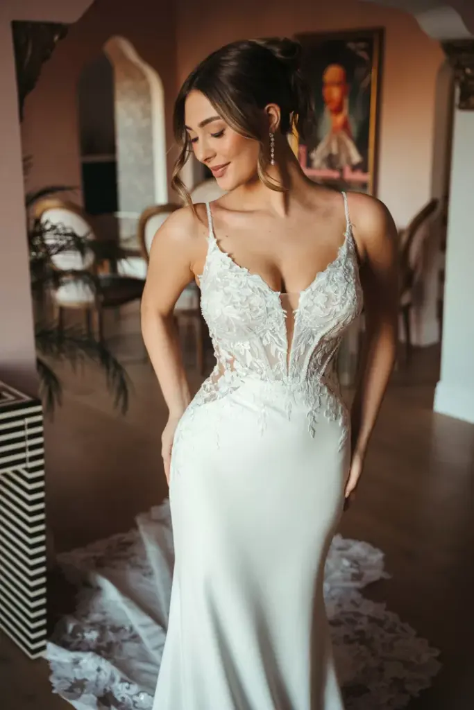 Figurbetontes Brautkleid mit Spitzenoberteil, schmalen Trägern und glattem Rock